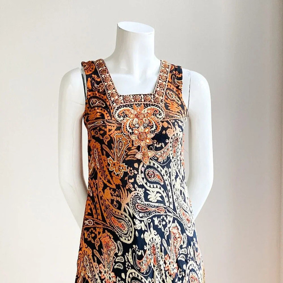 Vintage Bias Cut Paisley Print Midi Dress w Beaded Detail S - Picture 3 of 10
